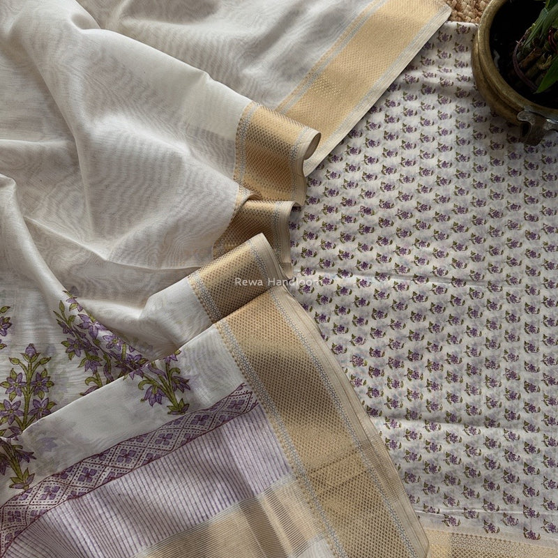 Maheshwari White Handblock Print Top-Dupatta HBS0155