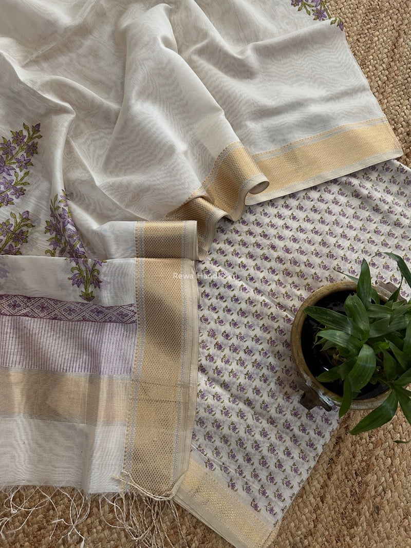 Maheshwari White Handblock Print Top-Dupatta HBS0155