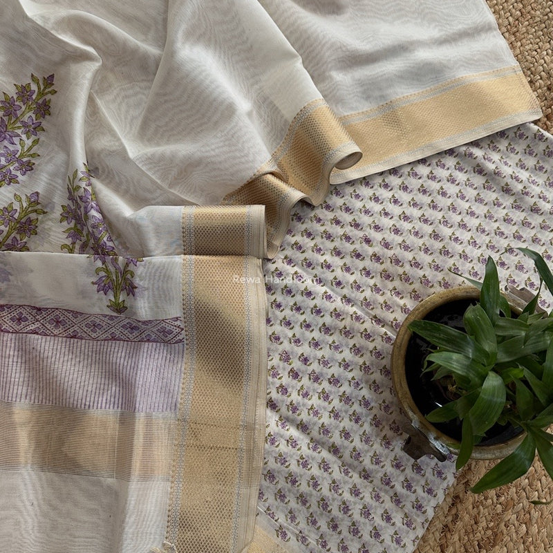 Maheshwari White Handblock Print Top-Dupatta HBS0155