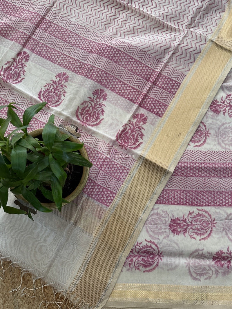 Maheshwari White Handblock Print Top-Dupatta HBS0155