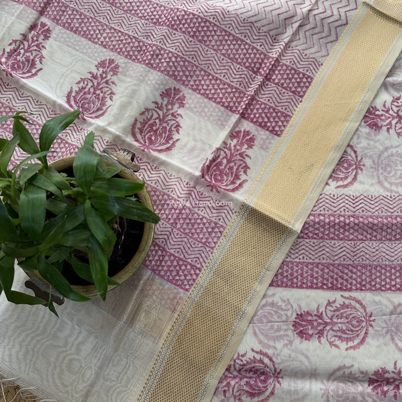 Maheshwari White Handblock Print Top-Dupatta HBS0155