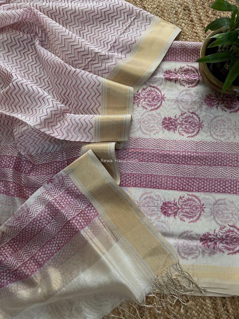 Maheshwari White Handblock Print Top-Dupatta HBS0155
