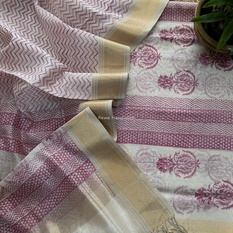 Maheshwari White Handblock Print Top-Dupatta HBS0155