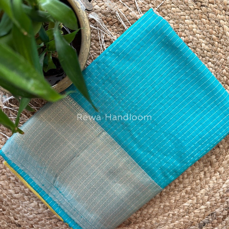 Maheshwari Aqua Green Zari Skirt Checks Saree SCS08