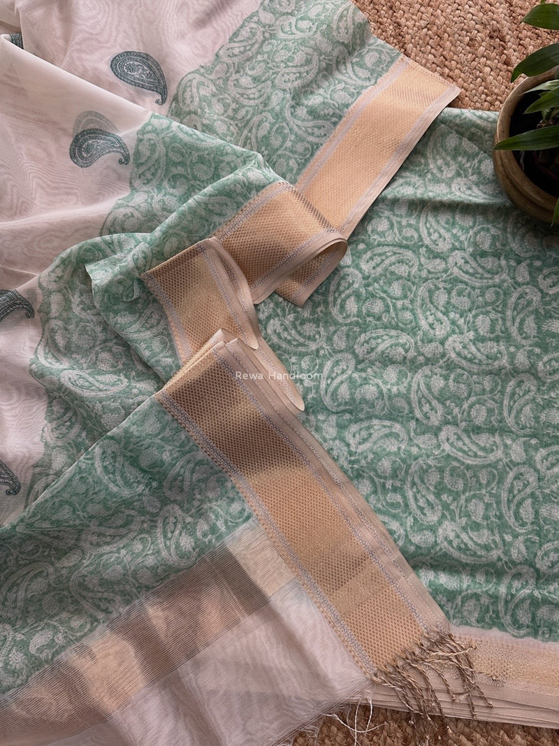 Maheshwari Light Aqua Green Handblock Print Top-Dupatta HBS0157