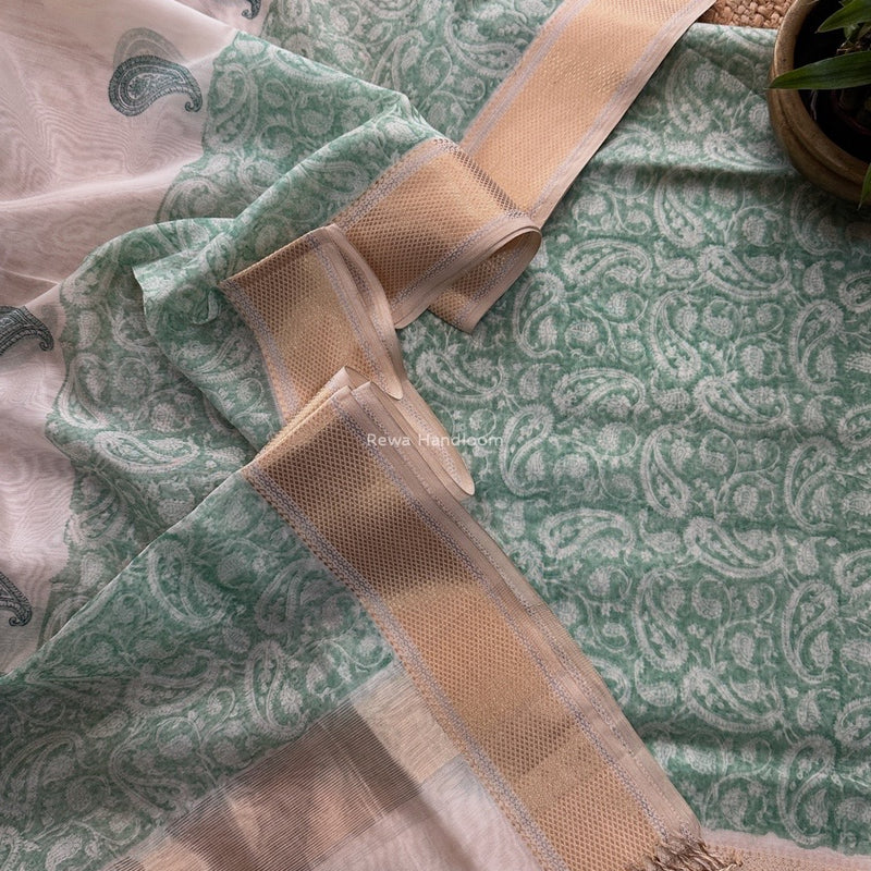 Maheshwari Light Aqua Green Handblock Print Top-Dupatta HBS0157