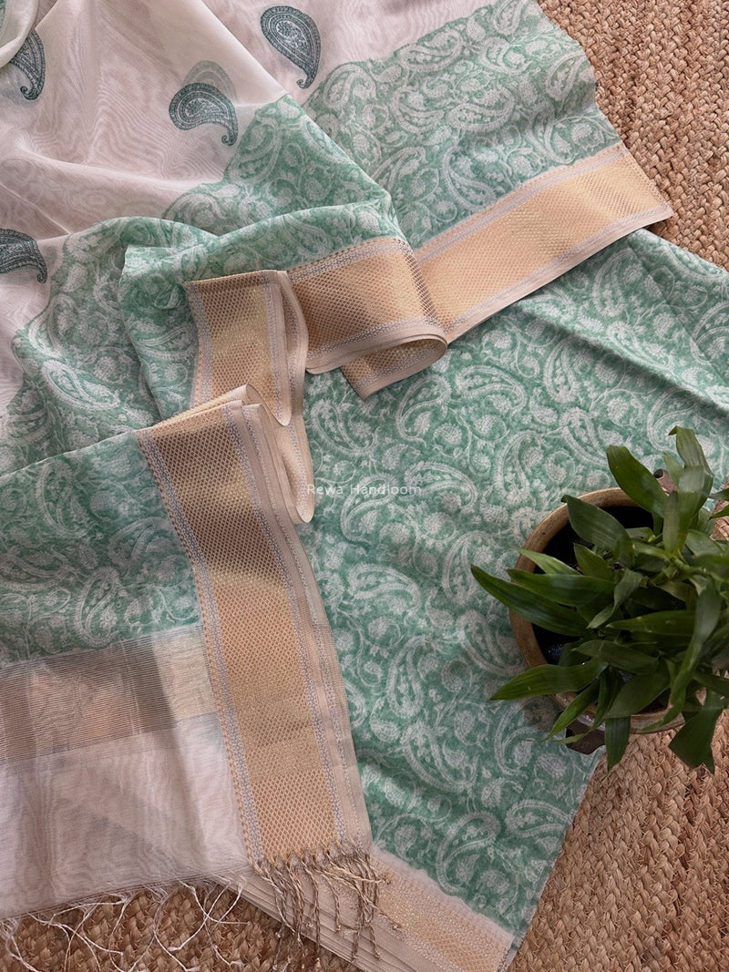 Maheshwari Light Aqua Green Handblock Print Top-Dupatta HBS0157