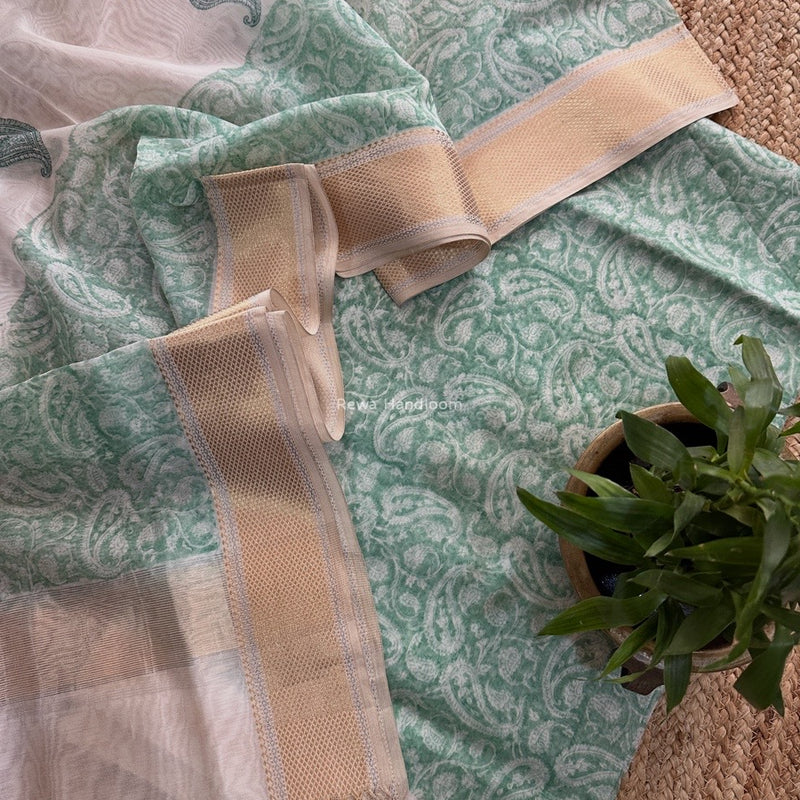 Maheshwari Light Aqua Green Handblock Print Top-Dupatta HBS0157