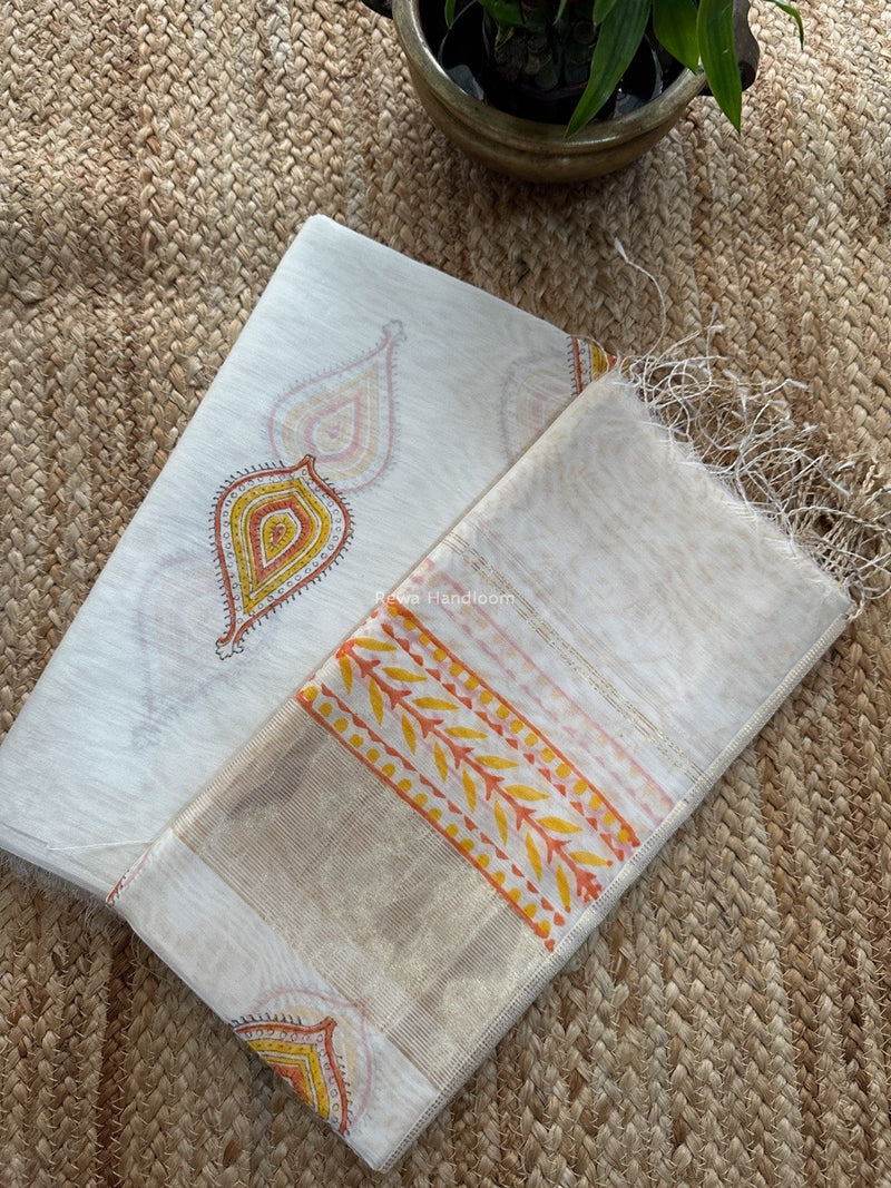 Maheshwari White Handblock Print Top-Dupatta HBS0158