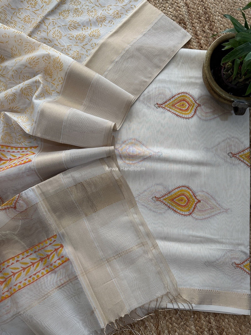 Maheshwari White Handblock Print Top-Dupatta HBS0158