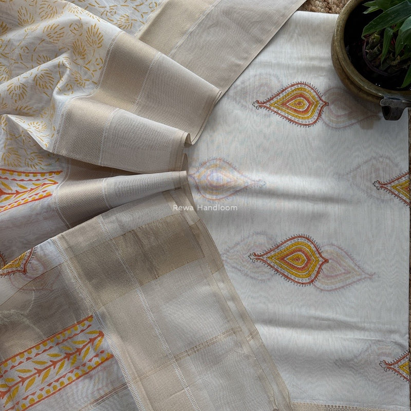 Maheshwari White Handblock Print Top-Dupatta HBS0158