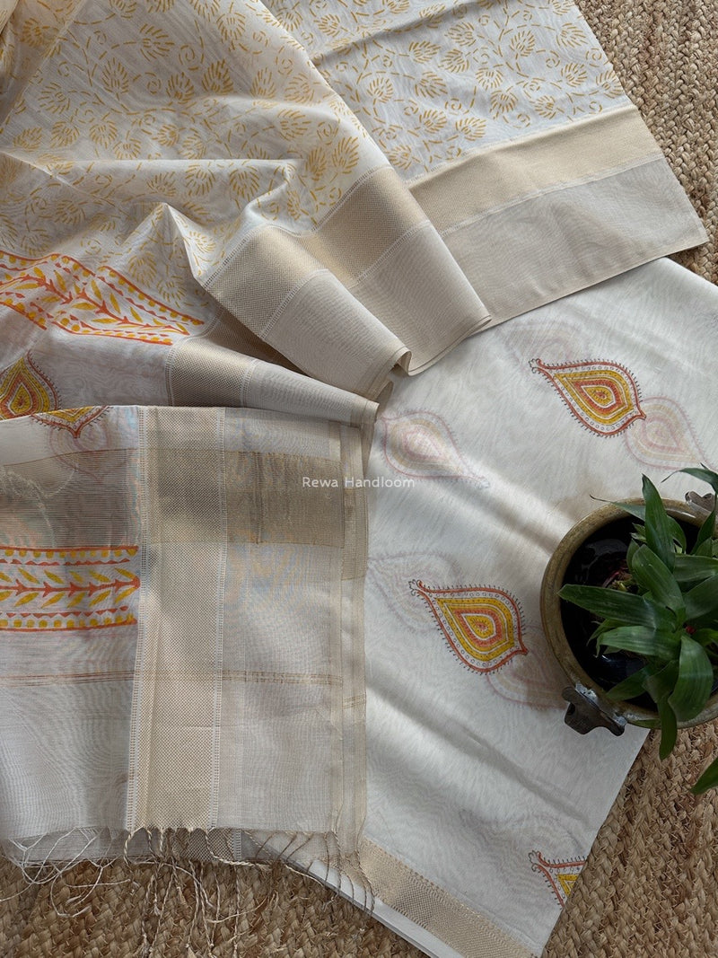 Maheshwari White Handblock Print Top-Dupatta HBS0158