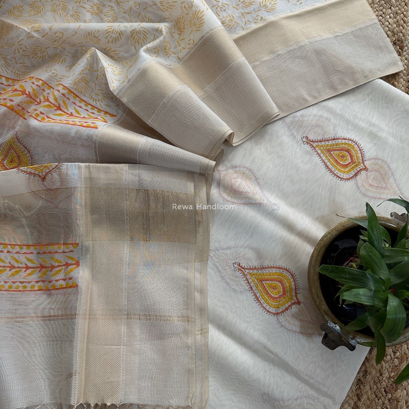 Maheshwari White Handblock Print Top-Dupatta HBS0158