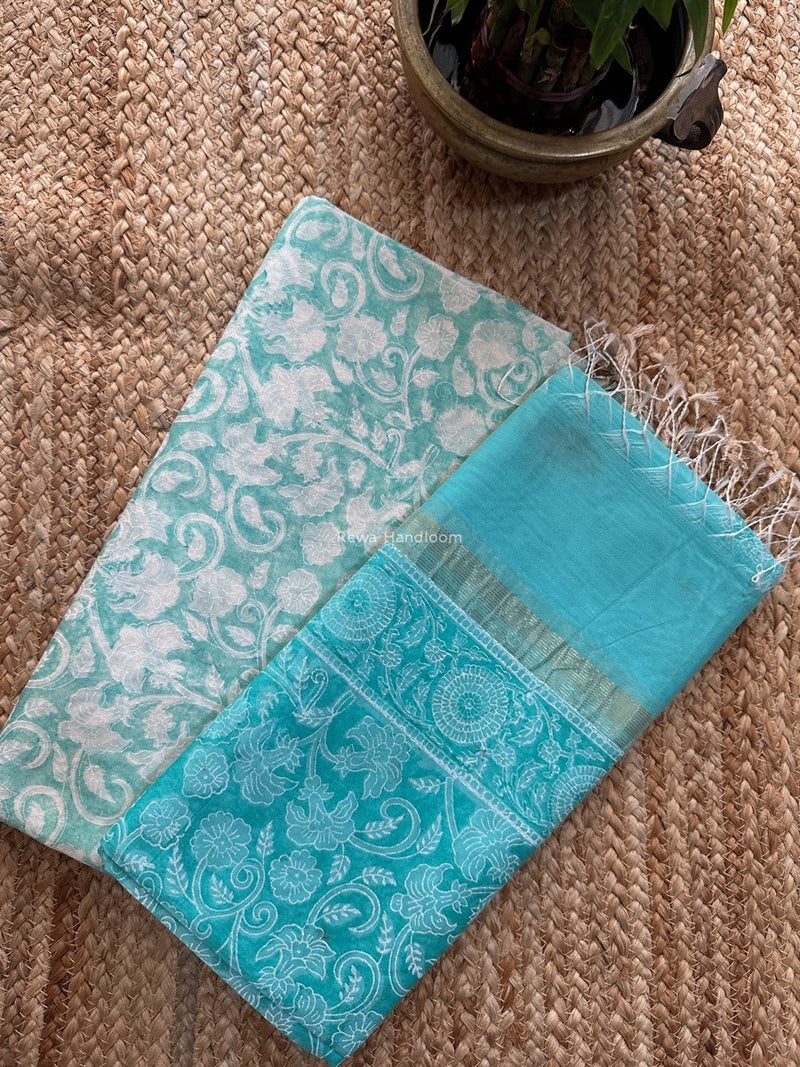 Maheshwari Sky Blue Handblock Print Top-Dupatta HBS0159