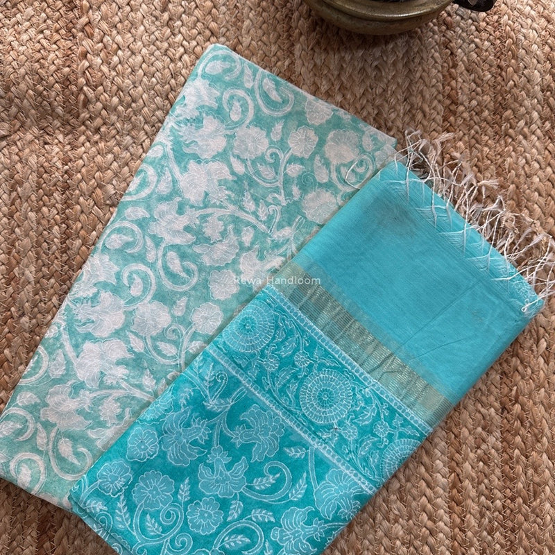Maheshwari Sky Blue Handblock Print Top-Dupatta HBS0159