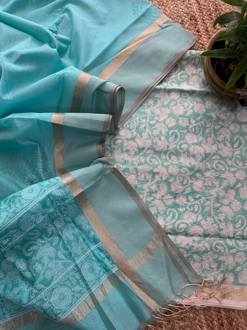 Maheshwari Sky Blue Handblock Print Top-Dupatta HBS0159