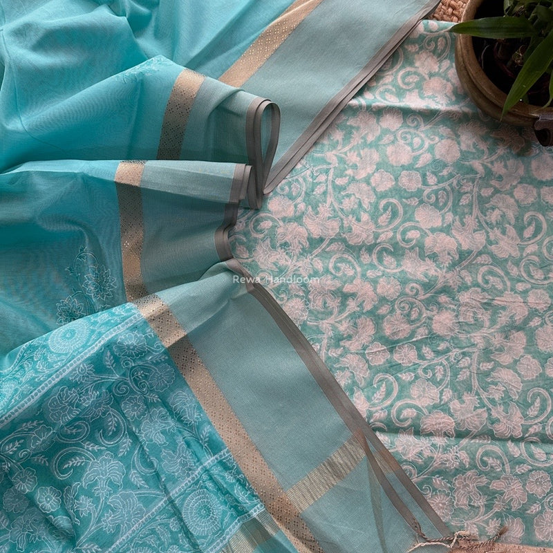 Maheshwari Sky Blue Handblock Print Top-Dupatta HBS0159
