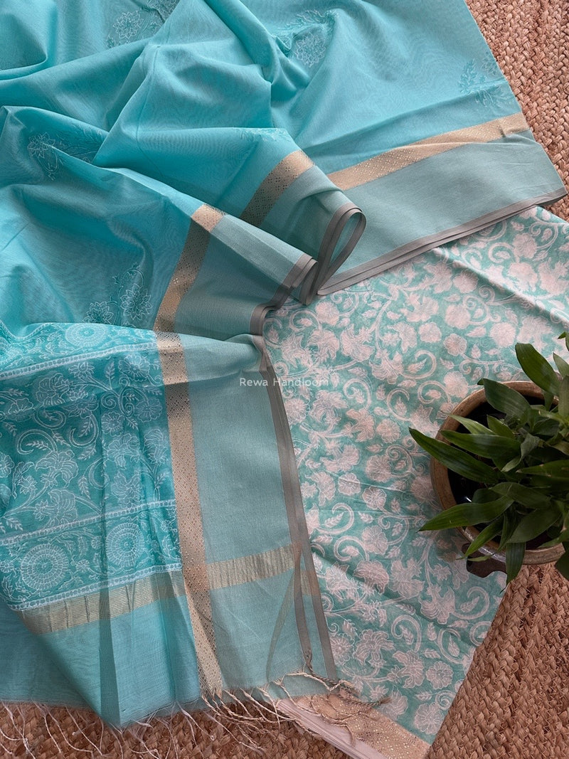 Maheshwari Sky Blue Handblock Print Top-Dupatta HBS0159