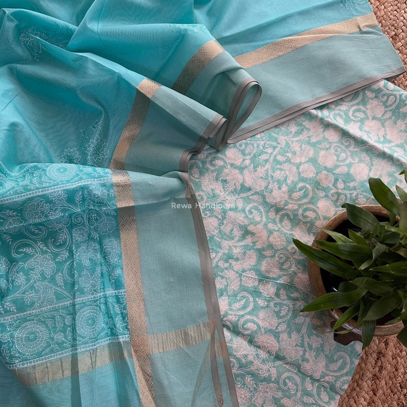 Maheshwari Sky Blue Handblock Print Top-Dupatta HBS0159