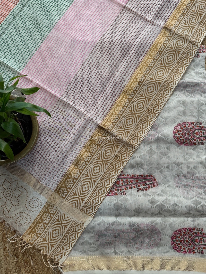 Maheshwari White Handblock Print Top-Dupatta HBS0160