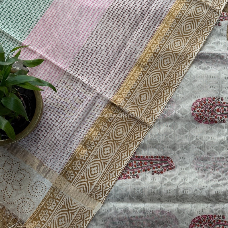 Maheshwari White Handblock Print Top-Dupatta HBS0160