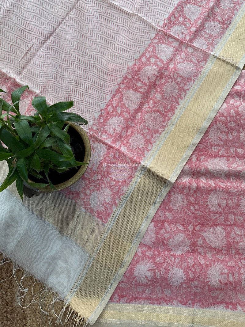 Maheshwari Pink Handblock Print Top-Dupatta HBS0162