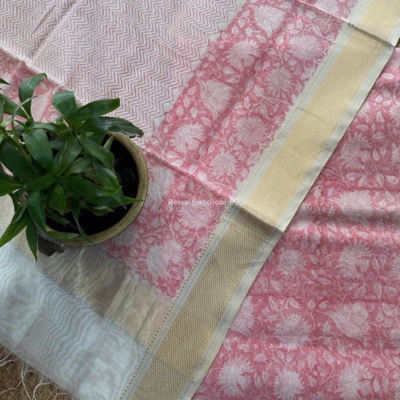 Maheshwari Pink Handblock Print Top-Dupatta HBS0162