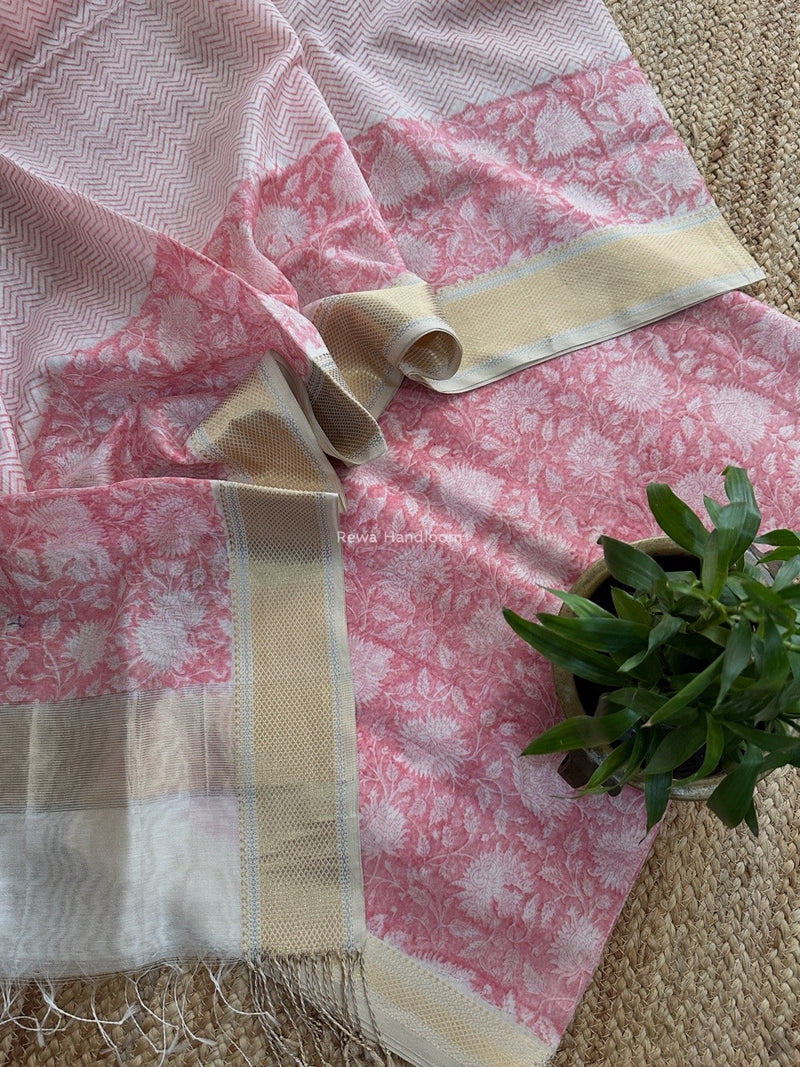 Maheshwari Pink Handblock Print Top-Dupatta HBS0162
