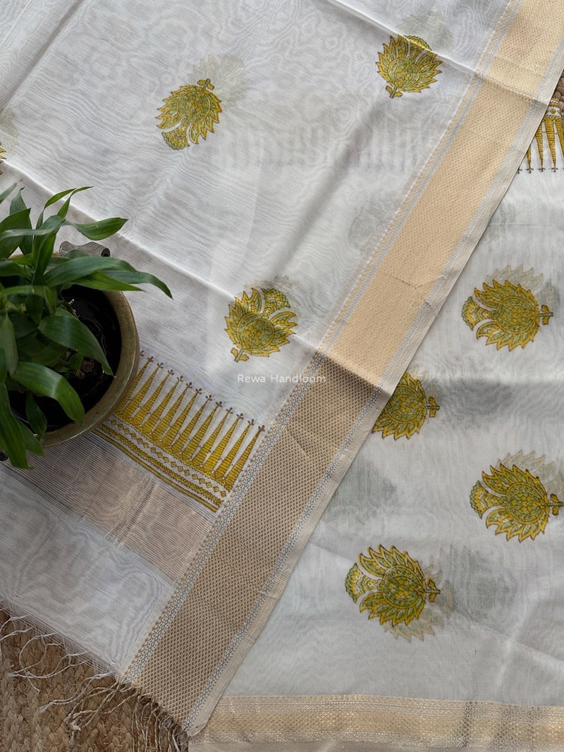 Maheshwari White Handblock Print Top-Dupatta HBS0163