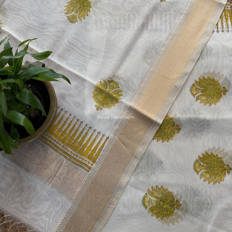 Maheshwari White Handblock Print Top-Dupatta HBS0163