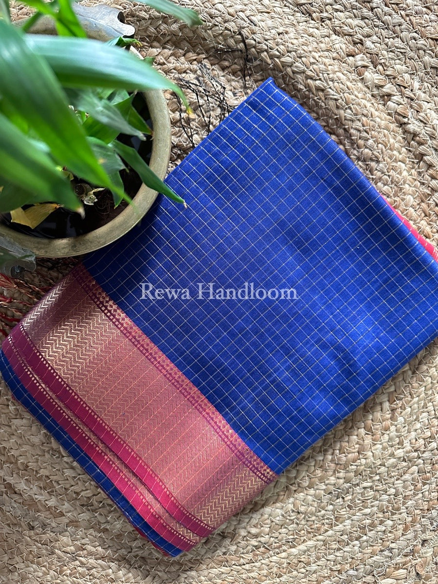 Maheshwari Blue Zari Checks Saree ZCHX201