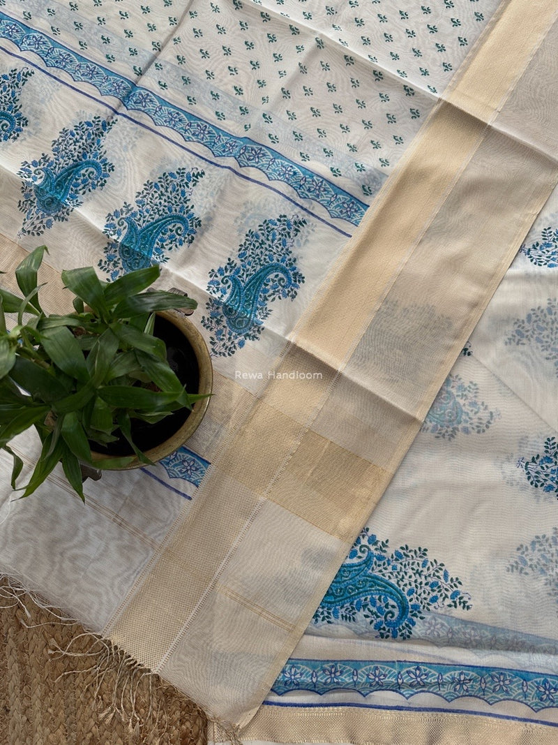 Maheshwari White Handblock Print Top-Dupatta HBS0164