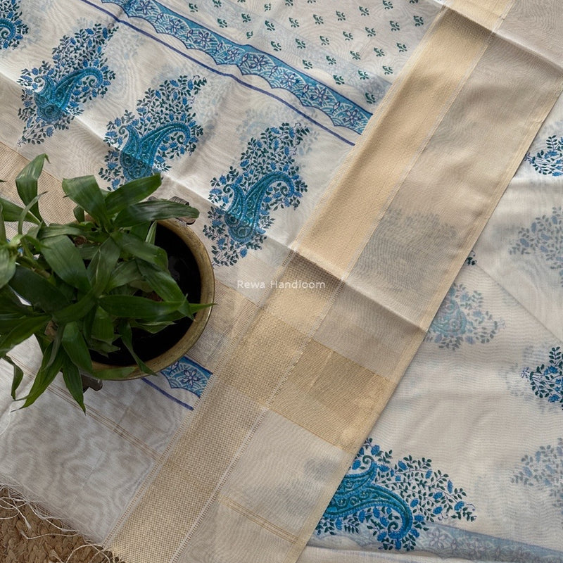 Maheshwari White Handblock Print Top-Dupatta HBS0164