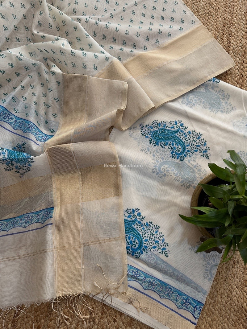Maheshwari White Handblock Print Top-Dupatta HBS0164
