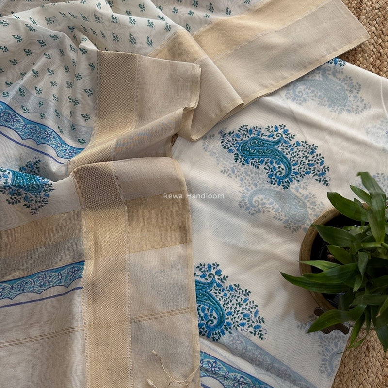 Maheshwari White Handblock Print Top-Dupatta HBS0164