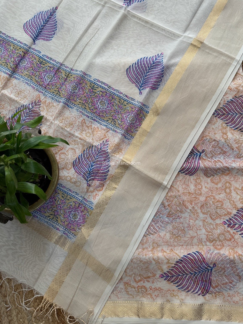 Maheshwari White Handblock Print Top-Dupatta HBS0165