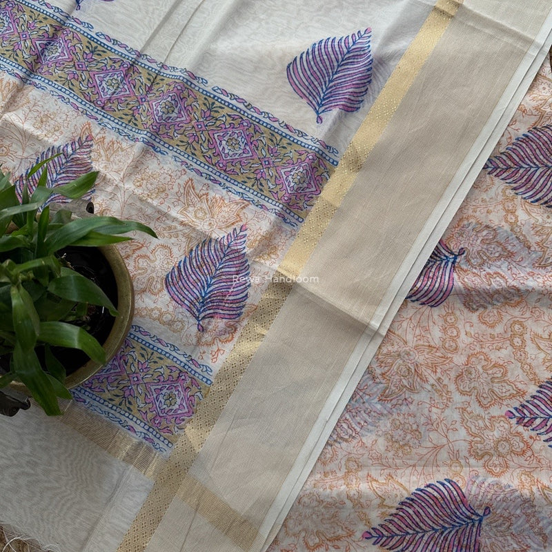 Maheshwari White Handblock Print Top-Dupatta HBS0165