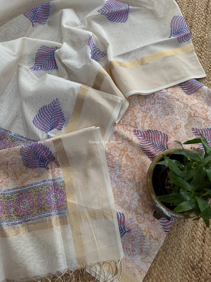 Maheshwari White Handblock Print Top-Dupatta HBS0165