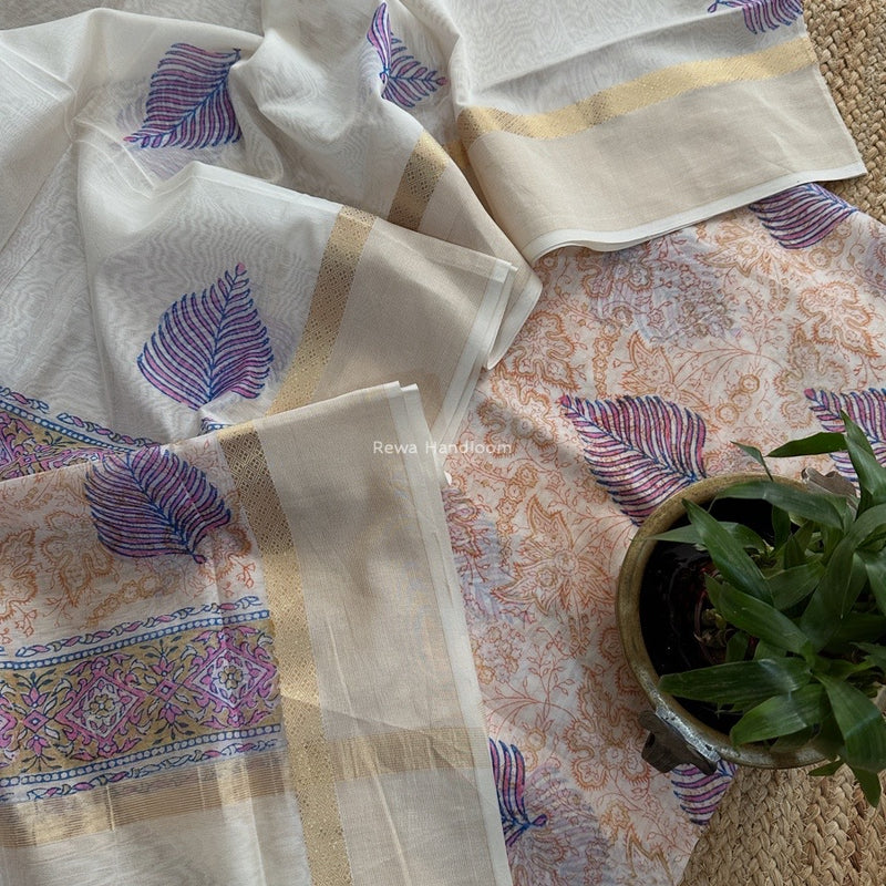 Maheshwari White Handblock Print Top-Dupatta HBS0165