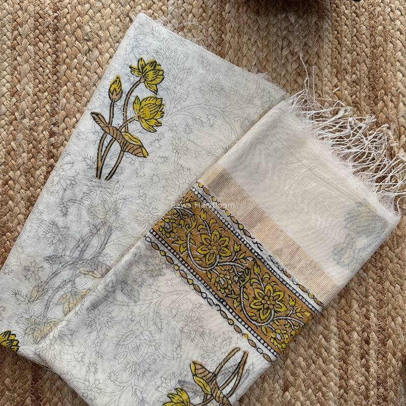 Maheshwari White Handblock Print Top-Dupatta HBS0165