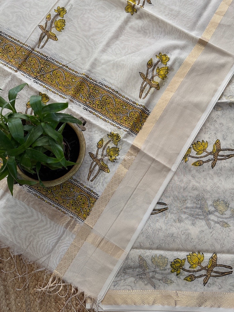 Maheshwari White Handblock Print Top-Dupatta HBS0165