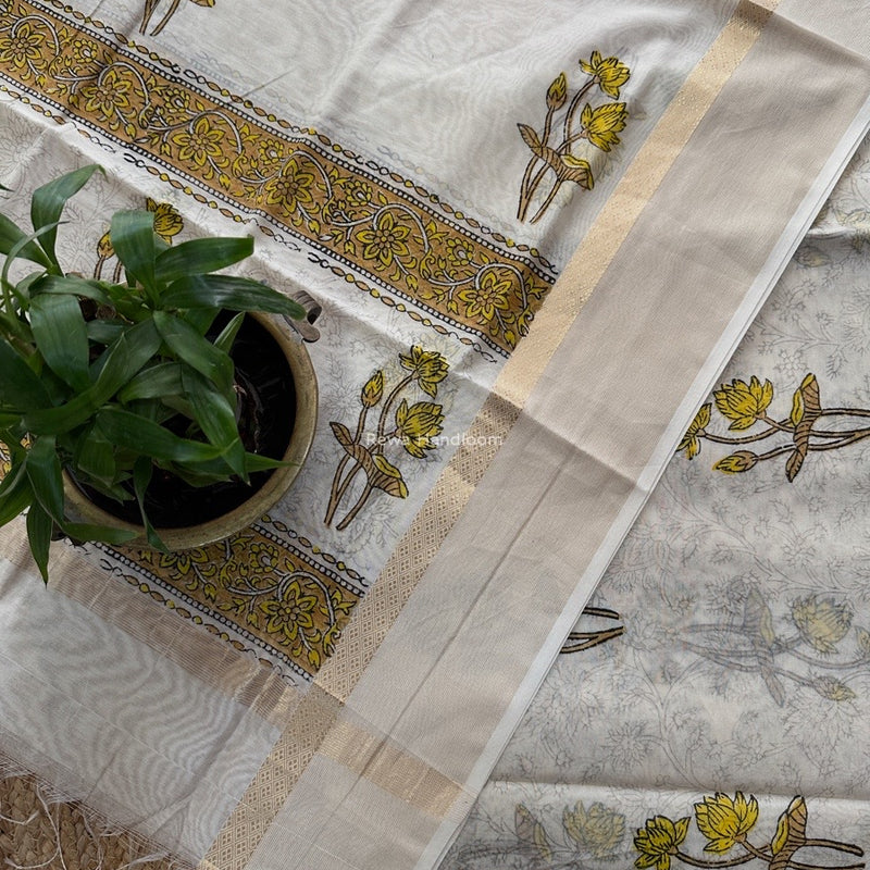 Maheshwari White Handblock Print Top-Dupatta HBS0165