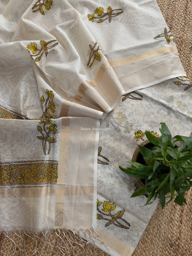 Maheshwari White Handblock Print Top-Dupatta HBS0165