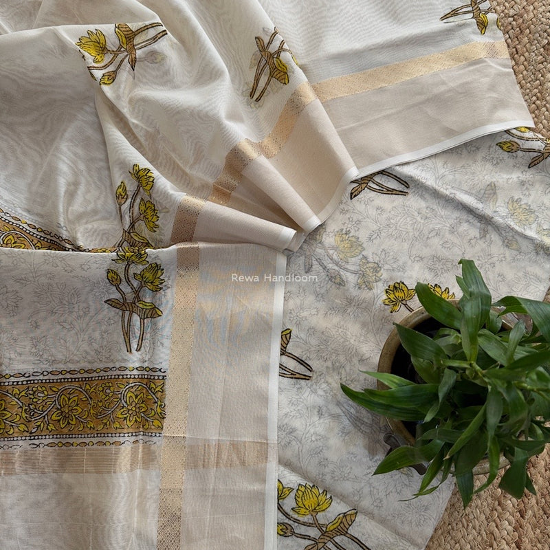 Maheshwari White Handblock Print Top-Dupatta HBS0165
