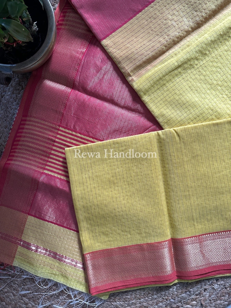 Maheshwari Yellow Zari Checks Saree ZCHX202