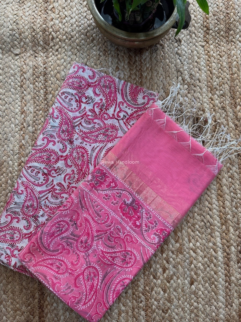Maheshwari Pink Handblock Print Top-Dupatta HBS0167