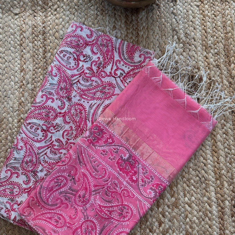 Maheshwari Pink Handblock Print Top-Dupatta HBS0167