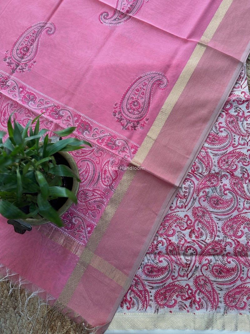 Maheshwari Pink Handblock Print Top-Dupatta HBS0167