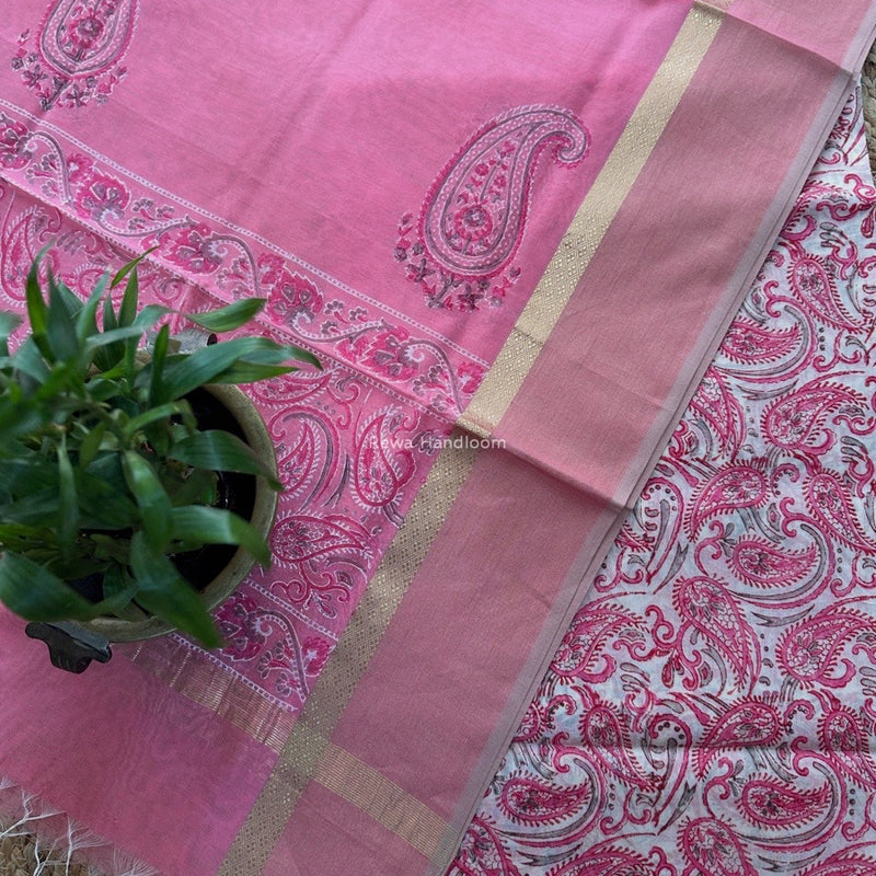 Maheshwari Pink Handblock Print Top-Dupatta HBS0167