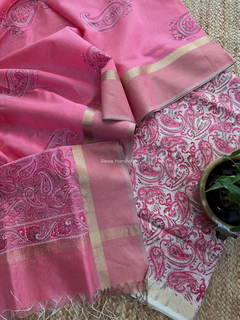 Maheshwari Pink Handblock Print Top-Dupatta HBS0167